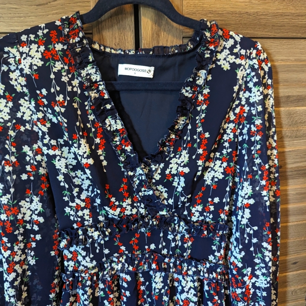 NWOT midi long navy blue floral dress full lined size S